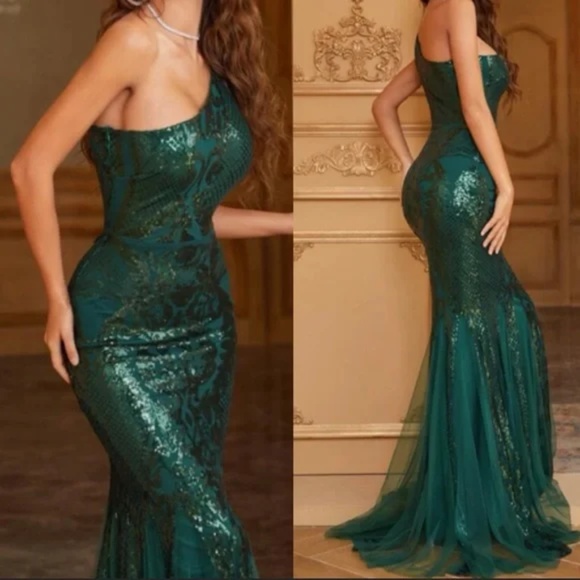 Luxurious sequins one shoulder mesh evening party formal gown dress - Picture 3 of 13